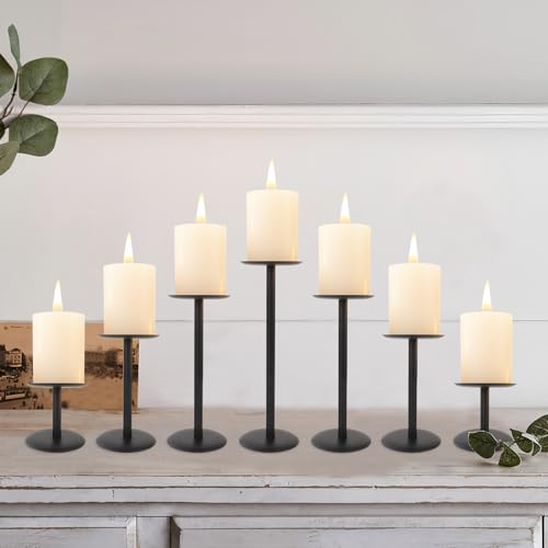 Set of 7 Metal Black Candle Holders, Assemblable Pillar and Taper Candlesticks, Halloween Fall Thanksgiving Day Dining Table Centerpieces Decor, Mantle Fireplace Candle Sticks Decorations