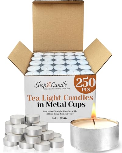 250 Pack Tealight Candles in Metal Cups - Clean, White Unscented Tealight with 3 Hour Long Burning Time - Votive Candles Bulk for Romantic Dinner, Weddings, Spa & Hotels - style: 250 Pack 3 Hours Burn Time