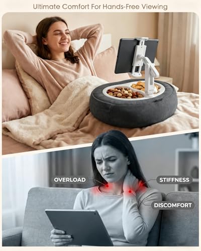 Miledi Tablet Pillow Stand, Compatible with 5"-12.9" Kindle, iPad, Phone/Tablet, 360° Rotating Phone Holder for Bed, Soft Plush Fabric, Detachable Bowl, Reading and Relaxation on Bed, Black - color: Black