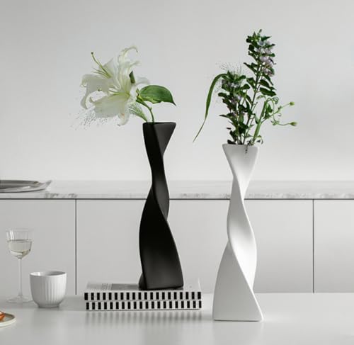7.28 Inch Black Small Ceramic Bud Vase Tall Twisted Minimalist Vase for Single Stem Flowers Narrow Neck Decorative Floral Bottle Home Office Table Decor