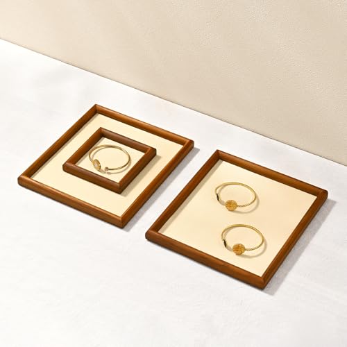 Jewelry Display Tray for Ring Earrings Necklace Bangle Solid Wood Jewelry Dish Tray Catchall(M,Beige) - color: Beige, size: 18 * 20 * 1.5cm
