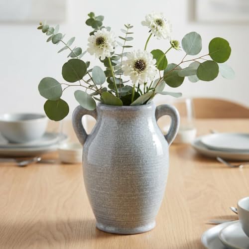 Sunddo Blue Ceramic Vase with 2 Handles, Modern Pottery Flower Vase, Texture Decorative Vases for Pampas Grass, Farmhouse Decor, Centerpiece for Dining Table Console Shelf Bookshelf Mantle - color: Light Blue - 8, size: 8 Inch