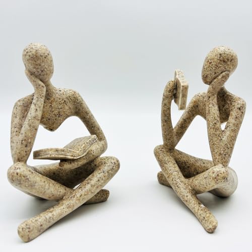 2 Pcs Home Decor Sandstone Reading Thinker Statue Modern Figurines Abstract Aesthetic Sculpture Thinker Statuettes of Resin for Home Decoration Living Room Office Bookshelf Shelf Table
