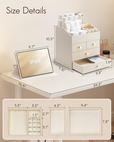 VLANDO Makeup Organizer Countertop,Large Vanity Organizer PU Leather Make up Storage with 4 Drawers Perfume Organizers Cosmetic Display Case for Lipstick,Brushes,Bedroom-Beige - color: 4 layers-Beige