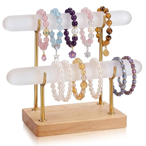 RattanView Selenite Bracelet Holder Display Stand Crystal Healing Goth Bracelet Display Stand Detachable Jewelry Wrap Watch Organizer Holder with Wooden Base for Bangles Charging Clean (2 Tier) - style: 2 Tier