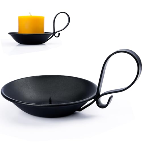 Matte Black Iron Pillar Candle Holder, with Handle, Simple Industrial Style ，Table Centerpiece Decoration，with Safety Spike.