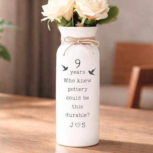 9th Anniversary Pottery Gift for Her Personalized Ceramic Vase White Handcrafted Custom Couple Names Keepsake 9 Years Marriage Wife Husband, Engraved Handmade 3 x 8 Inches