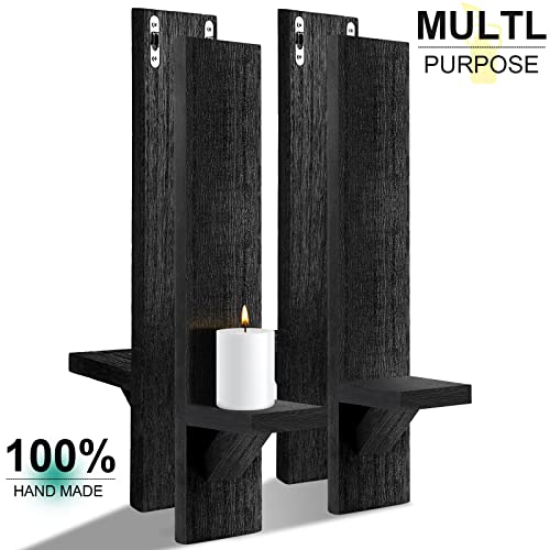 Potchen 4 Set Wooden Wall Candle Holder Sconces Mount Decorative Holders Decor Rustic Hanging Shelf Living Room Decoration for Farmhouse Bathroom Bedroom Vase Living Room(Black) - color: Black
