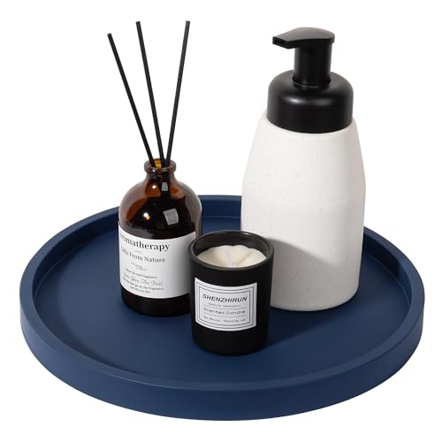 Silicone Bathroom Tray Round Vanity Tray Decorative Soap Holder Kitchen Countertop Organizer Coffee Table Decor for Candle, Perfume, Plant, 10 Inch, Dark Blue - color: Dark Blue, size: 10"