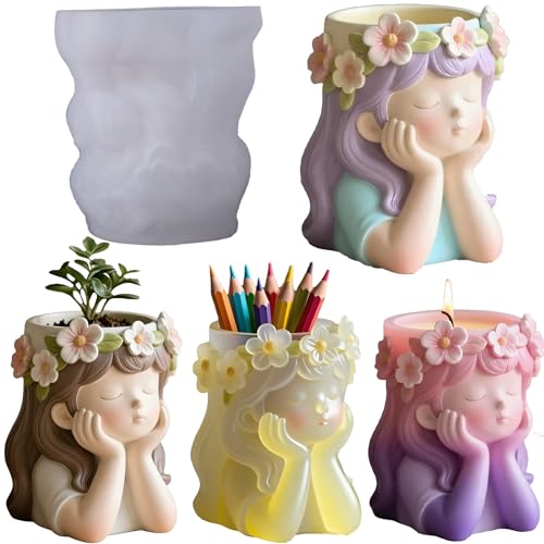 1Pc Cute Girl Resin Casting Mold 3D Flower Crown Head Silicone Mold for Epoxy Succulents Planter Pen Holder Candle Making Concrete DIY Craft Home Decor Handmade Gifts Easy Demold - color: Girl Resin Mold