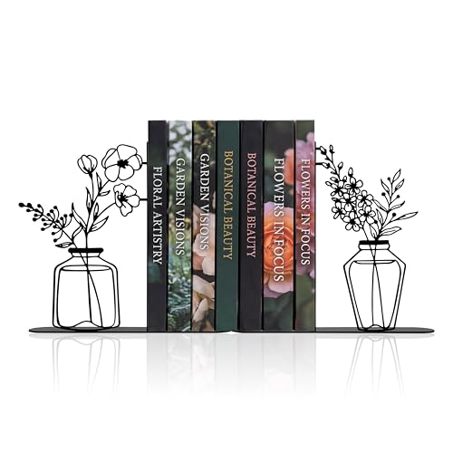 Cute Book Ends for Shelves - Decorative Flower & Vase Design, Heavy Duty Metal Bookends with Non-Slip Base - Novelty Gift for Book Lovers