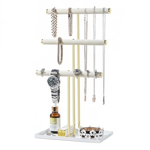Jewelry Organizer Stand, Necklace Holder with Metal Frame, Jewelry holder stand Tree for Display, Bracelets Earrings and Ring Tray for Women (Beige, 3 Tier) - color: Beige
