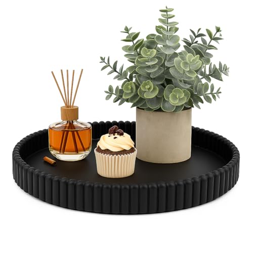 11.8in Decorative Tray for Coffee Table Decor- Black Oval Concrete Tray for Home Decor- Scalloped Flat Modern Centerpieces Tray Decor for Living Room, Kitchen Dining Table, Entryway (Black) - color: Black1