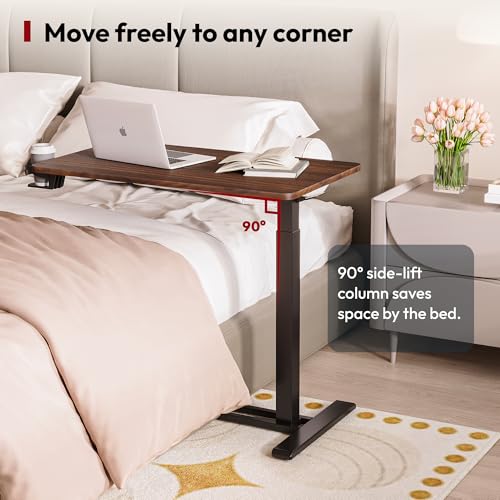 SANODESK Medical Adjustable Overbed Bedside Table with Hidden Casters, Pneumatic Mobile Laptop Computer Standing Desk Cart with Tray, Hospital and Home Use(31.5" W x 17.7" D, Walnut) - color: Walnut, size: Large