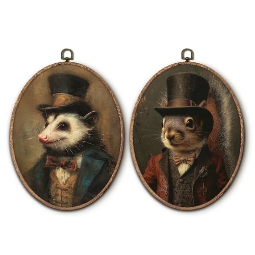 Hxlac Victorian Opossum Squirrel Oval Wall Art Framed Set of 2, Vintage Victorian Style Animal Oval Wall Decor, Autumn Squirrel Hanging Canvas Prints Wall Sculptures for Home Room Decor, 8.5x11.5 Inch - color: oval animal
