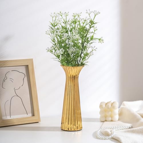 Gold Ceramic Vase for Home Decor, Small Ribbed Flower Vase for Pampas Grass, Modern Decorative Vase for Coffee Table, Shelf, Kitchen, Living Room, Bedroom & Elegant Centerpiece - color: Gold