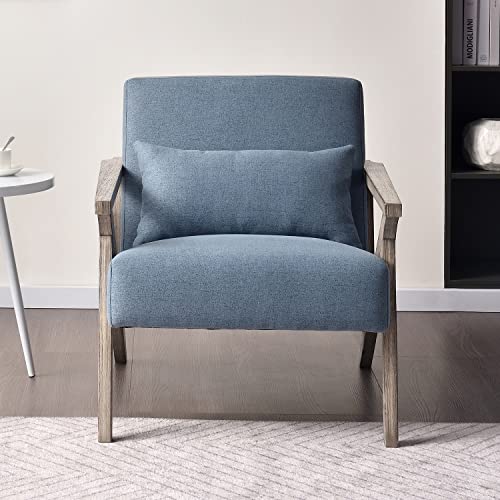 INZOY Mid Century Modern Chair with Wood Frame, Upholstered Armchair with Waist Cushion, Accent Chair for Living Room Bedroom Apartment, Easy Assembly, Blue - color: Blue