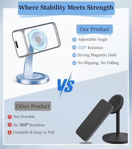Aoviho Magnetic Phone Stand for Desk – 360° Rotating Aluminum Phone Holder, Stable Desk Stand for Office, Home & Kitchen, Compatible with iPhone 17 Pro Max 16–12 Series and MagSafe Cases, Sky Blue - color: Sky Blue