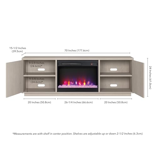 Henn&Hart Fluted TV Stand for TVs up to 75" with 26" Electric Crystal Rocks Fireplace and Ribbed Side Storage Cabinets for Living Room, Family Room, or Office, Beech White - color: Beech White, size: 70" TV Stand with Fireplace