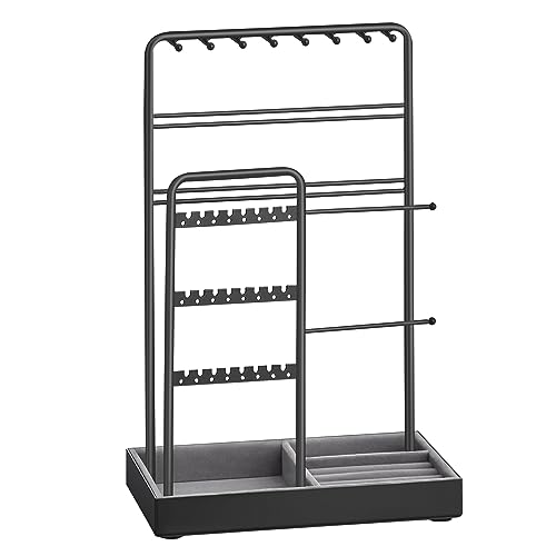 SONGMICS Jewelry Holder, Jewelry Organizer, Jewelry Display Stand with Metal Frame, Velvet Tray, Necklace Earring Bracelet Holder, for Studs, Rings, Gift Idea, Ink Black UJJS021B01