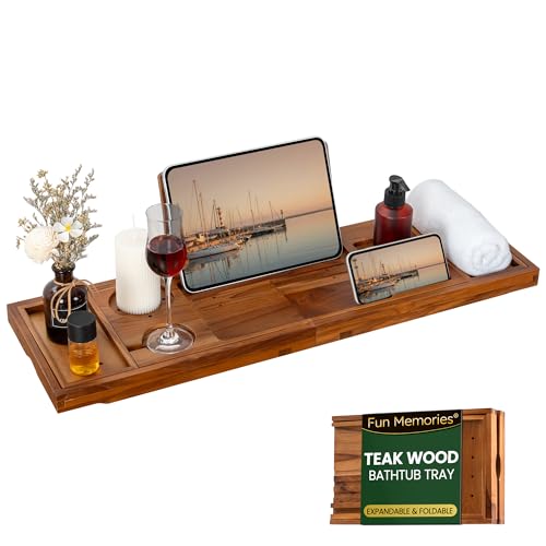Teak Bathtub Tray - Luxury Bath Tray with Expandable Handles, Wine Glass and Phone Holders, Book Stand - Perfect for Home Spa Relaxation and Reading - Natural Bath Accessories - Light Walnut Color - color: Light Walnut-expandable
