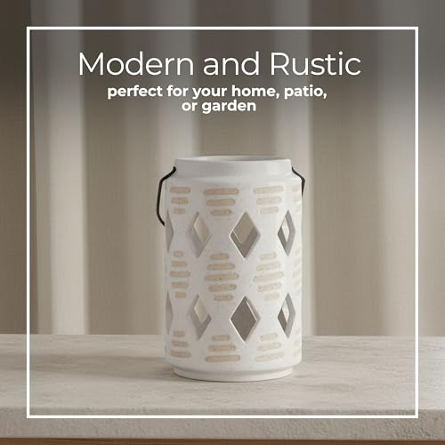 Ceramic Lantern Candle Holder with Diamond Cut Out Design - Casual Pillar Candlestick Holder for Indoor and Outdoor Decor - Stylish Centerpieces for Table or Entryway Accent - 6", Ivory & Tan