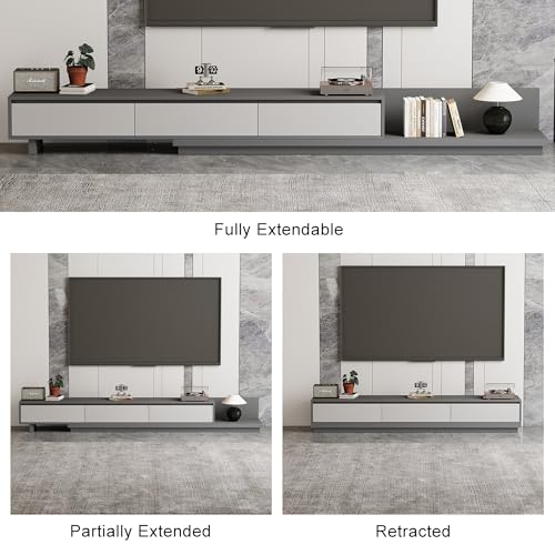 Mid-Century Modern Extendable TV Stand with Ample Storage for Living Room – Adjustable TV Cabinet from 78.7" to 130", 3-Drawer Entertainment Center, Grey - color: Grey