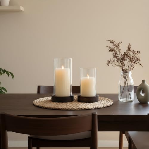 Ronasip Set of 2 Hurricane Candle Holders with Wood Base & Glass Cylinder (4.2x5.9” & 4.6x7.8”) – Rustic Wooden Candle Holders for Home Decor, Weddings, Table Centerpieces (2, Brown) - color: Brown