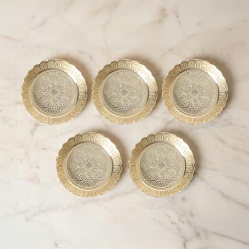 Shubhkart Solid Brass Decorative Nakshi Plate Set for Puja, Decoration & Gifting (Medium 9.5 cm, Pack of 5, Solid Brass) - size: Medium (Pack of 5)