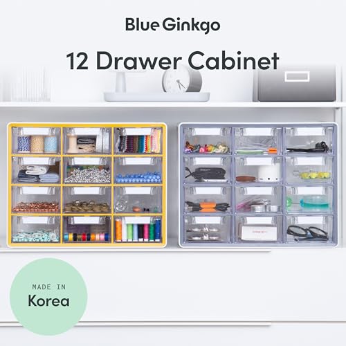 Blue Ginkgo Large 12-Drawer Cabinet – Stackable Clear Organizer for Hardware, Beads, Plastic Bricks, Office, and Craft Storage (Made in Korea, Yellow) - color: YELLOW, size: 12 Drawer