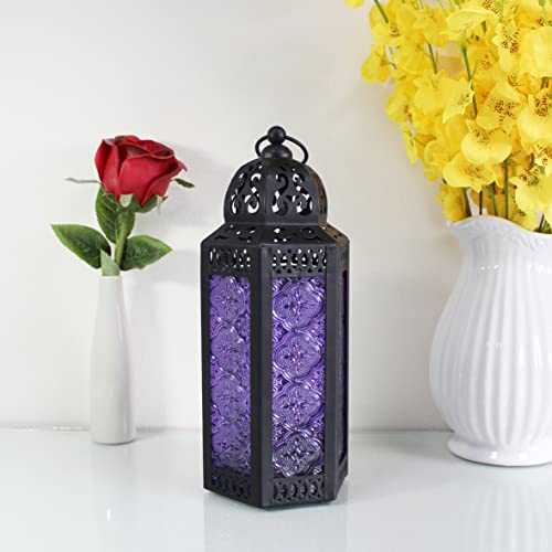 CVHOMEDECO. Decorative Candle Lantern Moroccan Lanterns Vintage Black Metal Lantern Holder for Home Patio Outdoor Decor. Purple Glass, Medium - color: Purple