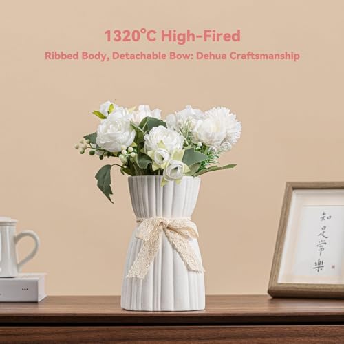 White Ceramic Vase with Lace Bow & Ribbed Texture - 7.7" Unique Flower Vase for Pampas Grass & Centerpieces, Farmhouse/Boho Decorative Vase for Living Room, Office Desk & Gift for Her/Yourself - color: Lace Bow Vase