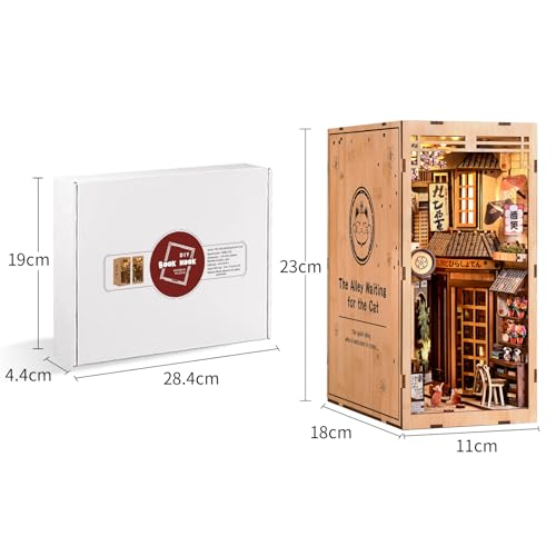 CRIOLPO Book Nook Kits for Adults - DIY Miniature Bookshelf Insert with LED Lights, Creative Craft Book Nook Kits for Adults, Cat Waiting Alley Japanese bookends Gifts for Family Friends Lovers