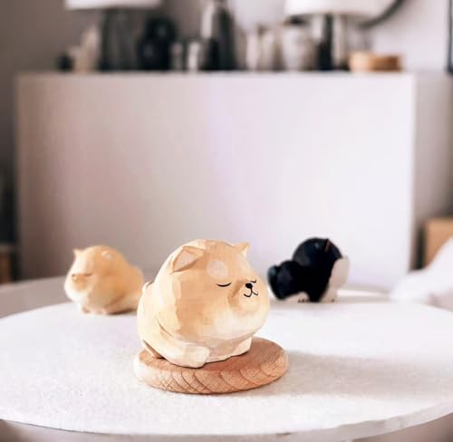 Hand Carved Red Shiba Inu Figurine with Round Wood Base – Cute Chubby Shiba Wooden Dog Statue, Handmade Desk Decor, Adorable Collectible Sculpture, Unique Gift for Dog Lovers & Pet Owners - color: Yellow Shiba Inu