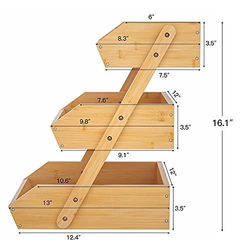 Merysen Large 3 Tier Bamboo Fruit Basket Stand for Kitchen Countertop – Fruit Holder – Suitable for Bread, Vegetables, Produce, Home Storage and Display - size: 3 Tier