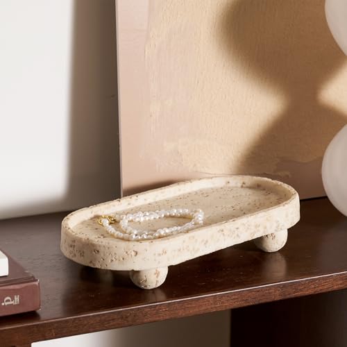 DN DECONATION Resin Decorative Tray with Legs, 4 Footed Coffee Table Trays Decor, Travertine Look Vanity Tray for Perfume Jewelry Bathroom Soap Kitchen Countertop Dresser, Oval 9.53x1.97in - style: 4 Footed