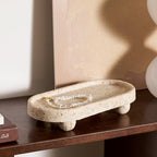 DN DECONATION Resin Decorative Tray with Legs, 4 Footed Coffee Table Trays Decor, Travertine Look Vanity Tray for Perfume Jewelry Bathroom Soap Kitchen Countertop Dresser, Oval 9.53x1.97in - style: 4 Footed