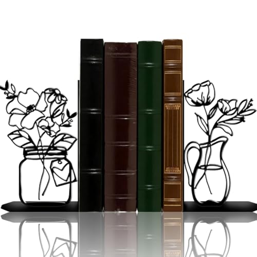 2Pcs 2 Styles Flower Vase Bookends Book Stopper Vase Modern Minimalist Design Black Decorative Heavy Duty Metal Book Ends for Shelves Office Desk Organizer Stylish 7.48 x 6.3 x 1.18 Inch - color: Vase