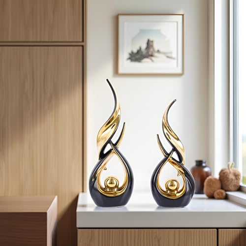 XMGZQ Gold Ceramic Abstract 2 Piece Statue Set,Mid Century Modern Abstract Art Home Decor Statue Mantelpiece on Unique Shelf Decor, TV Cabinet Divider Table top and Dining Table Centerpiece (Black) - color: Black