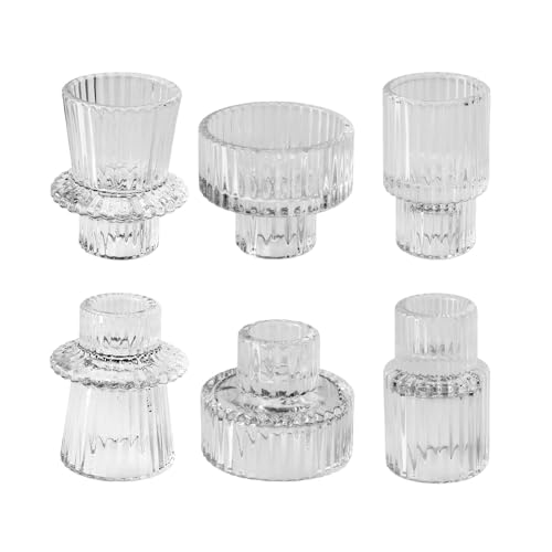 Taper Glass Candlestick Holders Tealight Candle Holders Votive Candle Stick Holder for Table Centerpieces Wedding Decor(6 Pcs, Clear)