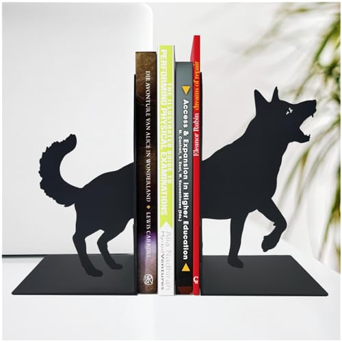 ENCIMART Wolf Book Ends Decorative for Shelves, Black Metal Bookend Supports for Heavy Books, Book Stoppers for Home Office Desktop Organizer for Men and Book Lovers Gift - color: Wolf