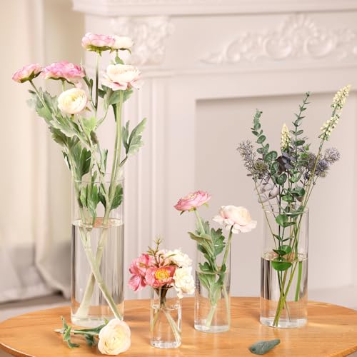 Fixwal 4pcs Clear Glass Cylinder Vases, 4, 6, 8, 10 Inch Tall Cylinder Vases for Centerpieces, Glass Flower Vase Floating Candle Holder Vase for Table Shelf, Party, Wedding, Home Decor - size: 4pcs