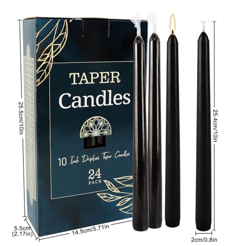 24 Pack Black Taper Candles, 7-8 Hours Burn Time, Unscented, Smokeless and Dripless, 10 Inch Dinner Candle Set for Household, Wedding, Party and Home Décor Candlesticks. - color: 24Pack-Black-10inch-Dripless