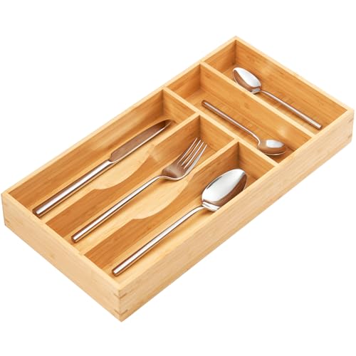 Umilife Bamboo Kitchen Drawer Organizer, 8 Inch Silverware Utensils Tray Holder for Small Drawer, Wood Caddy for Flatware Cutlery Knives - size: 8 x 15.5 inch (5 Slots)