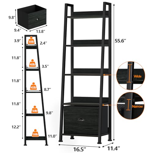 Furologee 5-Tier Ladder Shelf, Narrow Ladder Bookshelf with Drawer, 55.6”Tall Industrial Bookcase Storage Rack Organizer, Freestanding Storage Shelve for Living Room, Home Office, Bedroom, Black Oak - color: Black Oak, size: 5-Tier, 15" W
