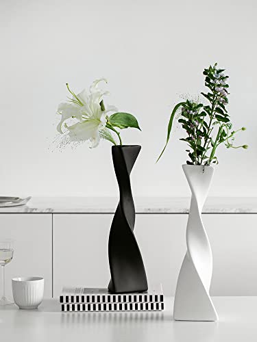 16 Inch Tall White/Black Ceramic Vase Curve Geometric Flower Vase Modern Minimalist Abstract Vase Farmhouse Decorative Vase for Table Home Office Floor Shelf Decor(White) - color: White