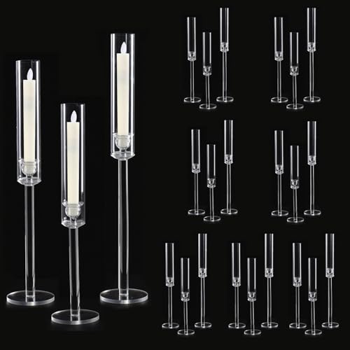 Vincidern 24pcs Taper Candle Holder Acrylic Candlestick Holder Clear Set for Table Centerpiece, Long Candle Stick Candle Stand Cylinder Shade for Wedding Party Dining Room Decor - color: Clear-30pcs (Fat)