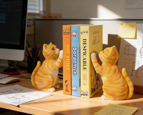 Cute Cat Bookends for Shelves, Heavy Duty Bookends, Decorative Bookends for Kids Books, Non-Skid Design, Orange Cat Statue Enthusiasts Gifts - color: Orange