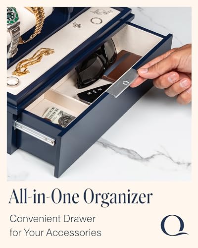 QWATCH Watch Stand Display Case - Acrylic Watch Box for 2 or 4 Watches with Jewelry Valet Tray and Drawer - color: Double - Navy / Ivory