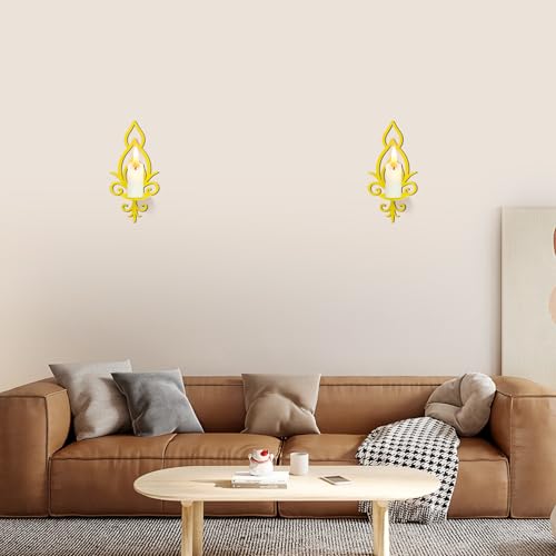 Wall Candle Sconces Set of 2, Vintage Flower-Shaped Metal Candle Holders for Pillar, Tealight, and LED Candles, Rustic Decorative Wall Decor for Living Room Dining Room (Golden Yellow) - color: Golden Yellow Flower-shaped